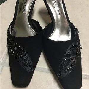 Black Beaded Ribbon Suede Mules 6.5 med. NIB